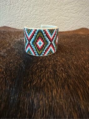 Beaded Aztec Pattern Cuff Bracelet in Turquoise, Red & Black